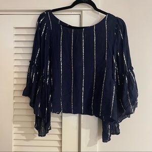 Anthropologie Navy Floreat Emelyn Striped bell sleeve button down Blouse